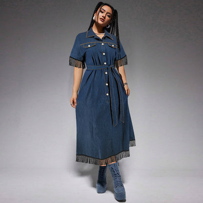 Vestido informal de moda para mujer con solapa, manga corta, borlas, botones y cinturón