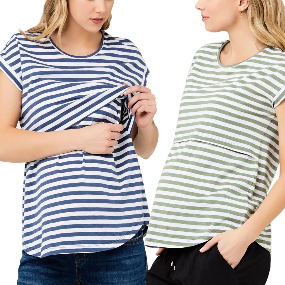 Camiseta de lactancia de manga corta con estampado de rayas para embarazadas de verano