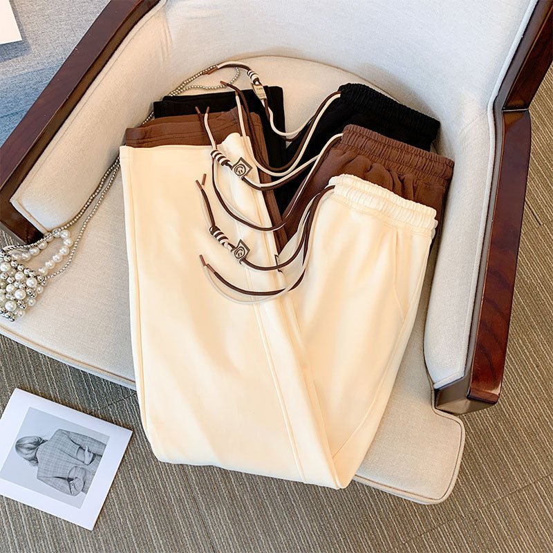 Women Fashion Casual Plus Size Solid Color High Waist Drawstring Pants