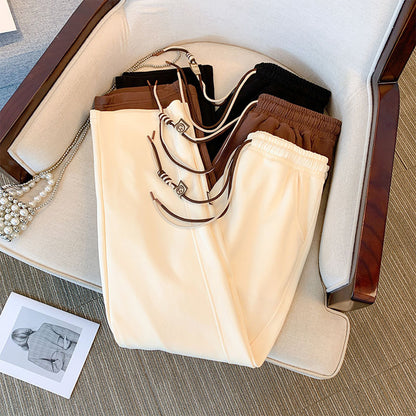 Women Fashion Casual Plus Size Solid Color High Waist Drawstring Pants