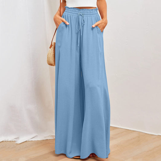 Pantalones anchos con cintura elástica y color liso para mujer