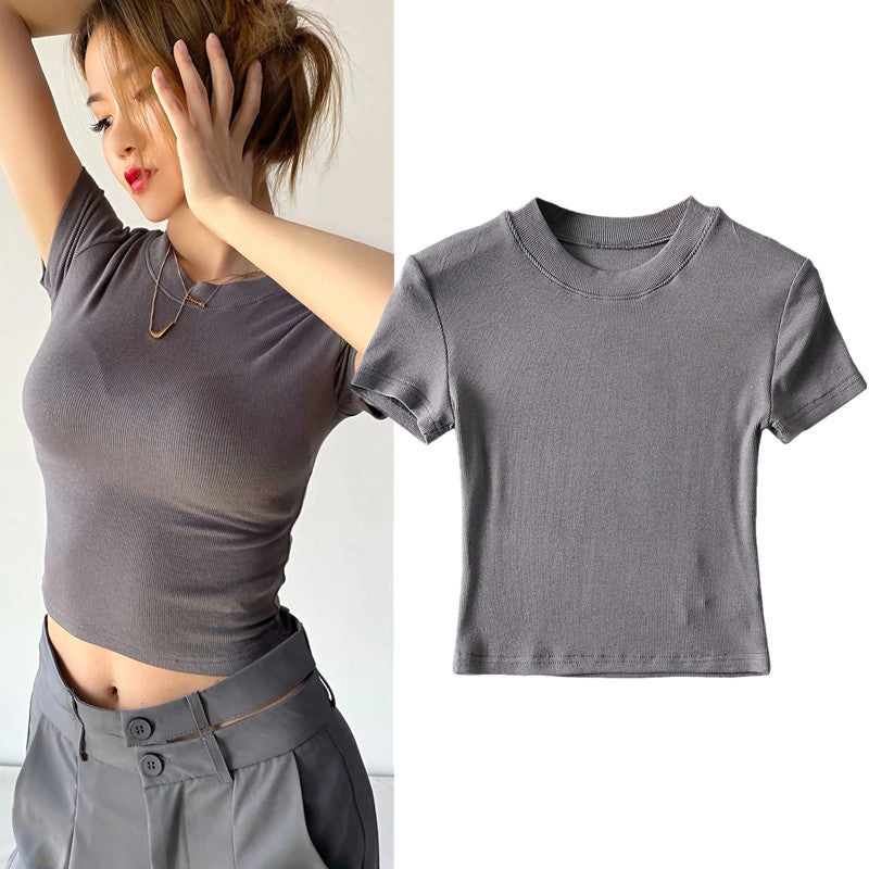 Camiseta informal de verano para mujer, color liso, cuello redondo, manga corta, sin mangas