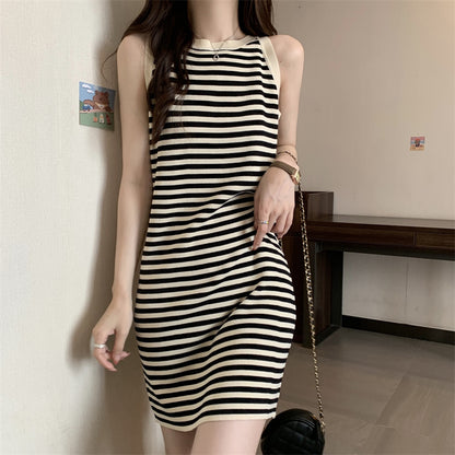 Women Casual Stripe Print Sleeveless Dress