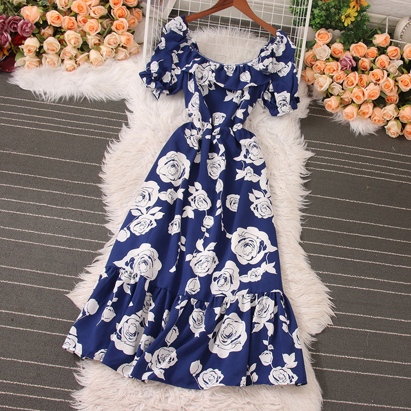 Women Vacation Casual Retro Multicolor Square Neck Printed Waist Puff Sleeve Dress