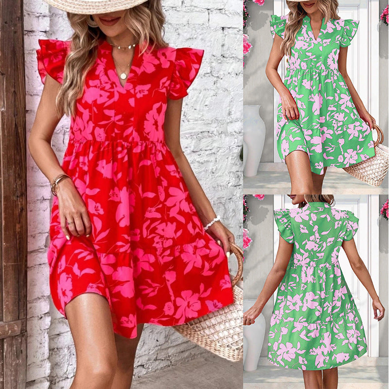 Summer Vacation Bohemian Style Women Casual Flower Motion Ruffle Dress
