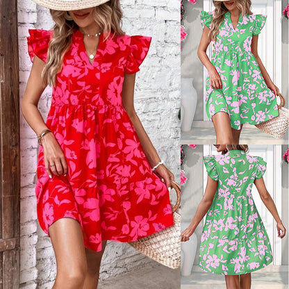 Summer Vacation Bohemian Style Women Casual Flower Motion Ruffle Dress