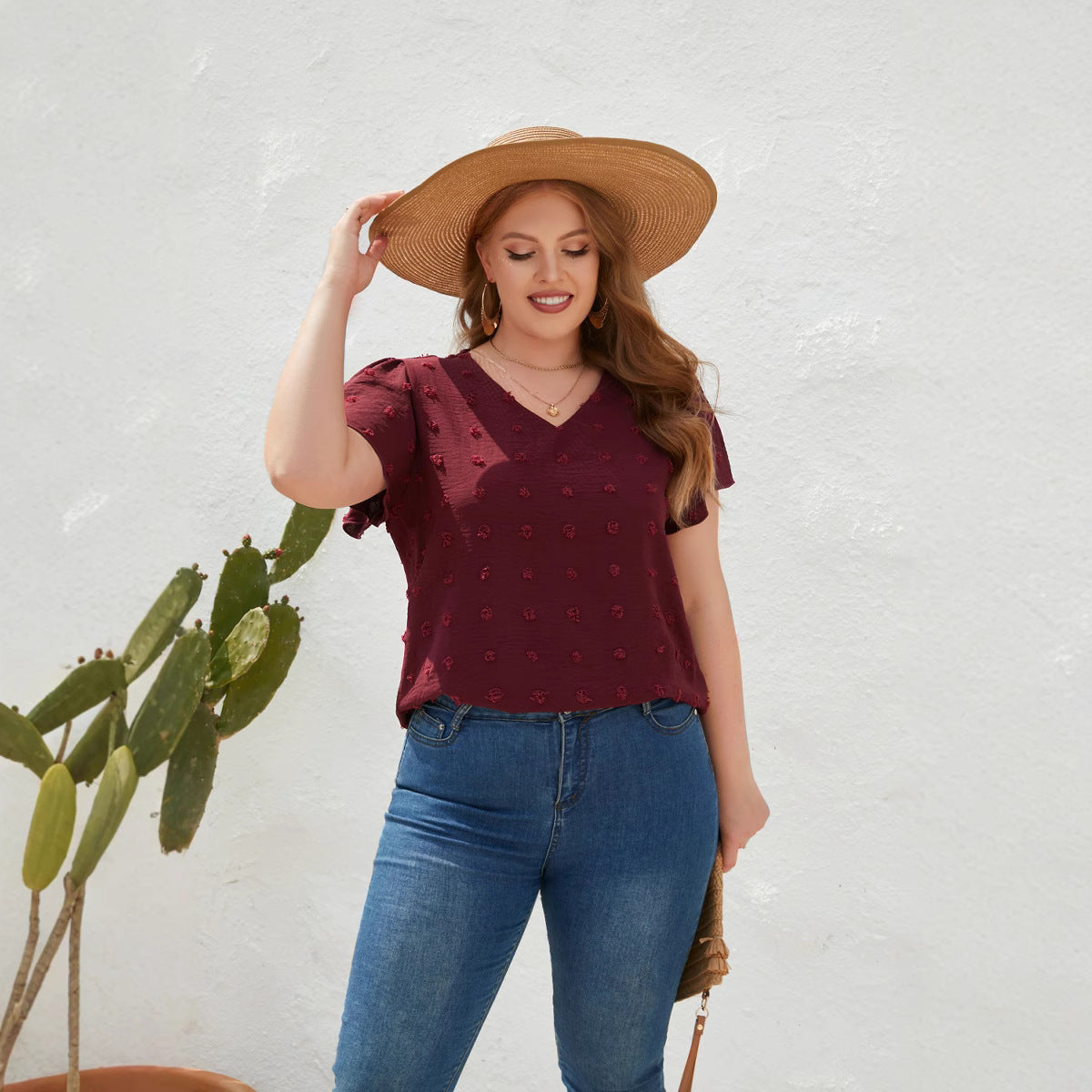 Women Casual Loose Plus Size Solid Color V-Neck Fur Ball Short-Sleeved T-Shirt