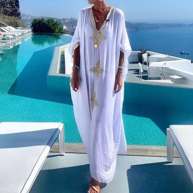 Traje de baño informal de moda para mujer, para vacaciones en la playa, con escote en V y bordado dorado
