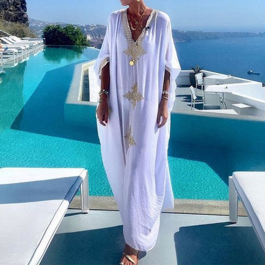 Traje de baño informal de moda para mujer, para vacaciones en la playa, con escote en V y bordado dorado