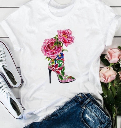 Camiseta holgada informal de manga corta con estampado floral para mujer