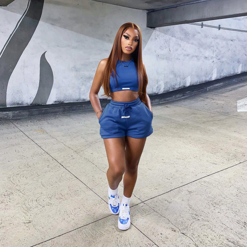 Women Casual Solid Color Label Vest Top And Shorts Two-Piece Set