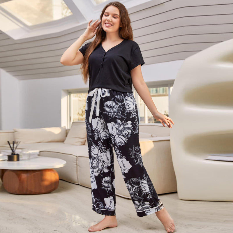 Conjunto de pijama informal de manga corta y pantalón de talla grande para mujer