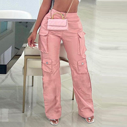 Women Fashion Casual High Waist Straight Leg Leather Cargo Pants