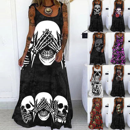 Vestido largo con estampado floral y calavera gótica informal de Halloween para mujer