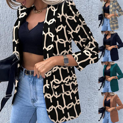 Chaqueta de traje de manga larga con estampado a cuadros sexy e informal para mujer