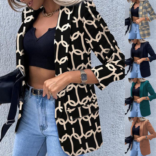 Chaqueta de traje de manga larga con estampado a cuadros sexy e informal para mujer