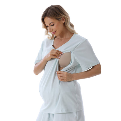 Conjunto de pijama corto holgado informal de color liso con cuello en V y manga corta para embarazadas.