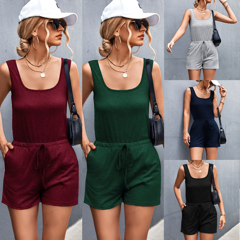 Casual Women Summer Basic Square Neck Solid Color Drawstring Rompers