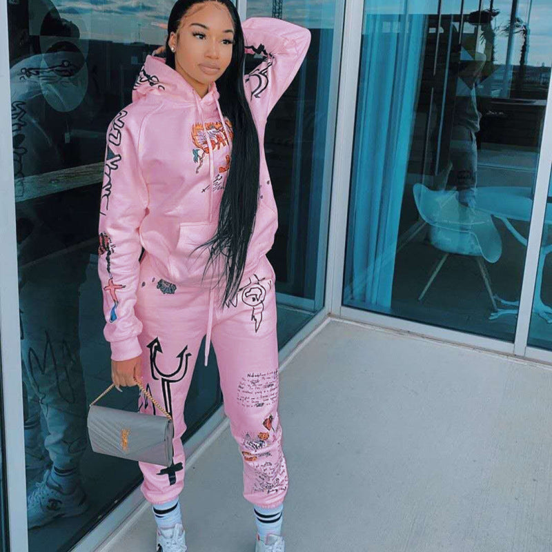 Conjunto de dos piezas de suéter y pantalones con capucha y estampado informal para mujer, moda Otoño Invierno