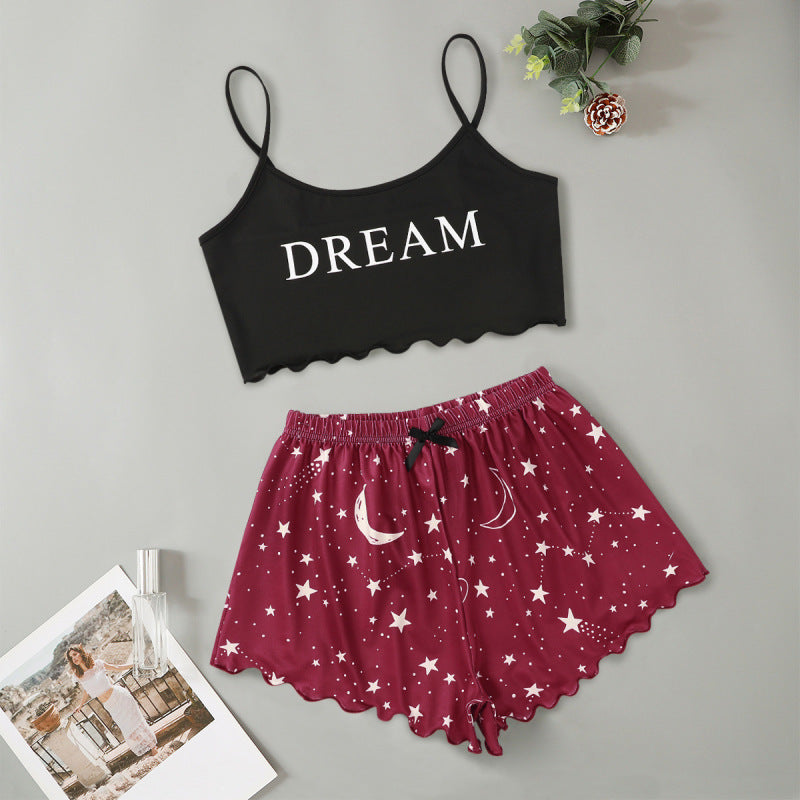 Conjunto de pijama informal atrevido con top corto sin mangas y pantalones cortos para mujer