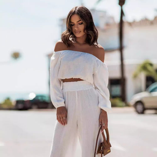 Conjunto de dos piezas formado por camiseta y pantalón de cintura alta, holgado, manga larga, hombros descubiertos, color liso, informal, para mujer