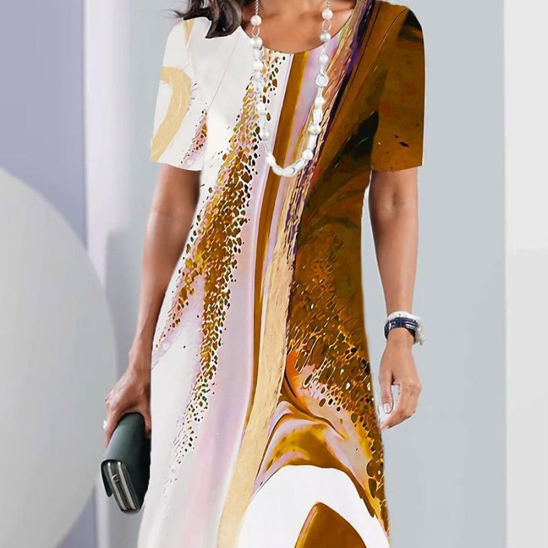 Vestido informal de manga corta con cuello redondo y estampado geométrico para mujer