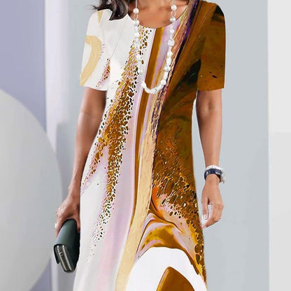 Vestido informal de manga corta con cuello redondo y estampado geométrico para mujer