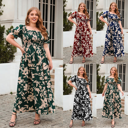 Women Fashion Casual Bohemian Floral Print Plus Size Dress