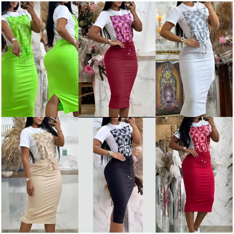Conjunto de dos piezas para mujer, sencillo, informal, con estampado floral, cuello redondo, manga corta, falda con abertura en la espalda