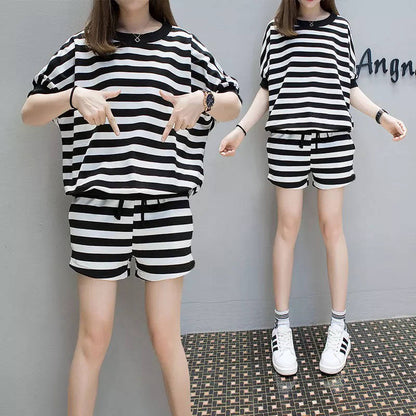 Summer Casual Women Basic Stripe Print Loose T-Shirt And Shorts Set