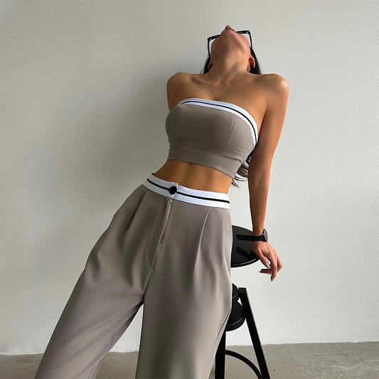 Conjunto informal de pantalones anchos y cintura alta con contraste de color y parte superior de tubo urbana vanguardista para mujer