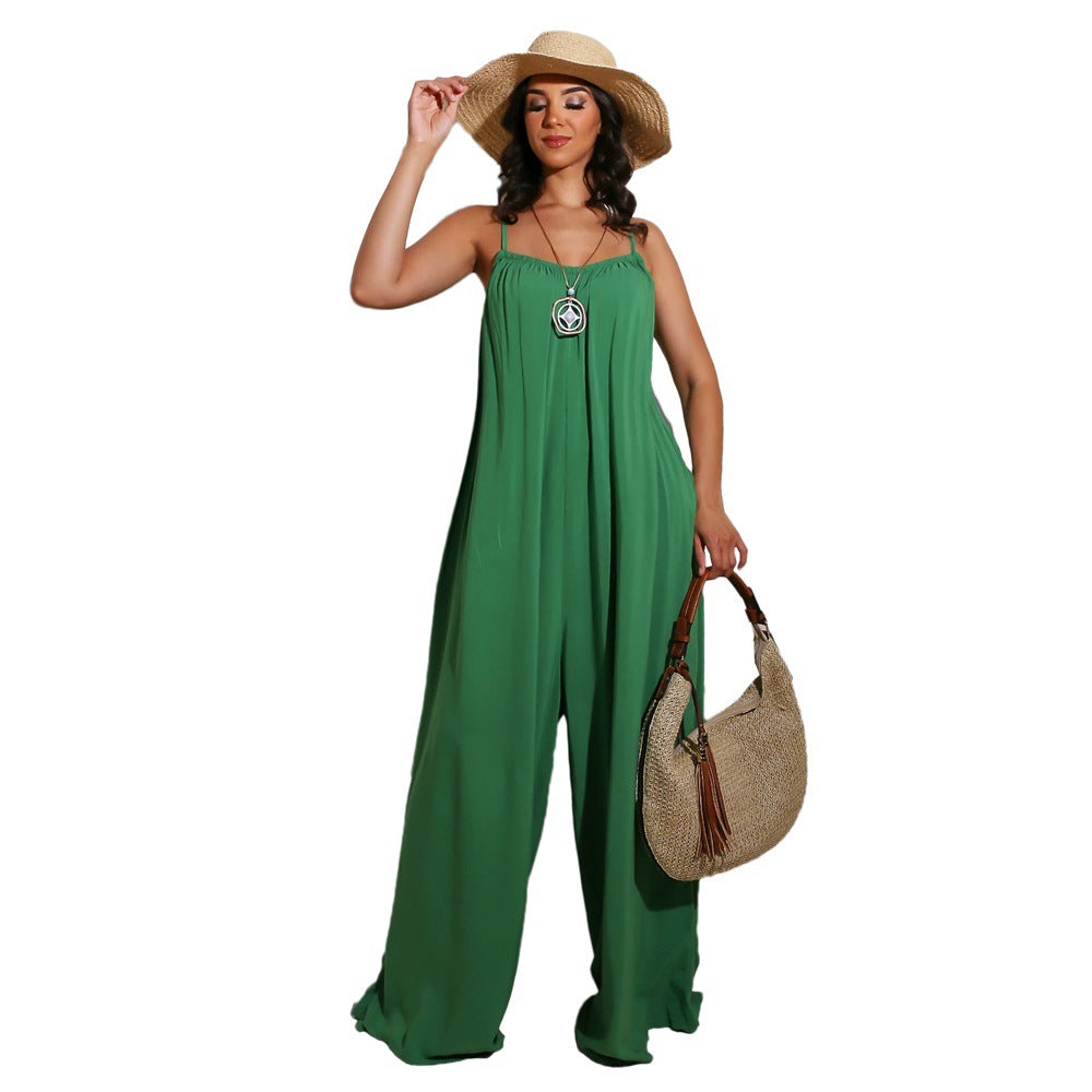 Women Fashion Casual Solid Color Spaghetti Strap Loose Jumpsuits