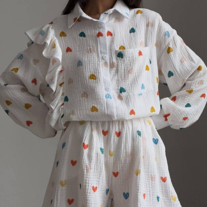 Fashion Casual Sweet Women Heart Floral Print Long Sleeve Ruffled Blouse And Shorts Set