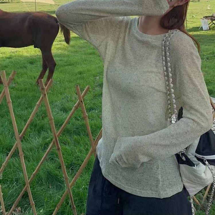 Women Fashion Casual Solid Color Round Neck Long Sleeve Top