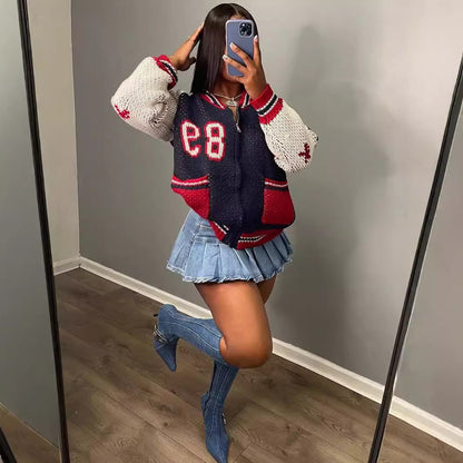 Women Fashion Long Sleeve Pocket Letter Zipper Casual Sweater