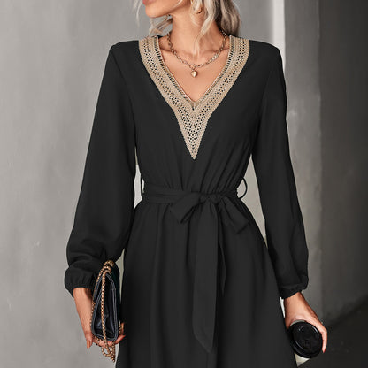 Vestido informal de manga larga con encaje y escote en V para mujer, moda Otoño Invierno