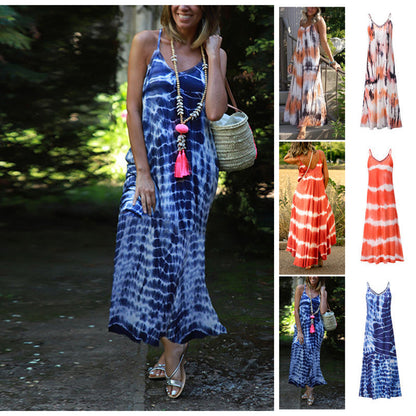 Summer Vacation Women Casual Tie Dye Print Spaghetti Strap Loose Maxi Dress