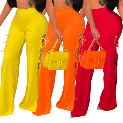 Pantalones casuales de cintura alta con abertura y cordones de color liso para mujer