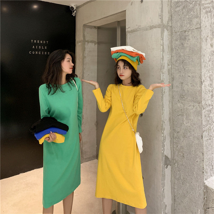 Women Fashion Casual Solid Color Loose Round Neck Long Sleeve Dress