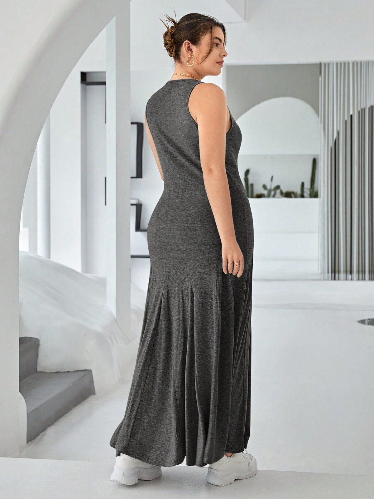 Vestido informal ajustado de cintura alta sin mangas con cuello redondo y talla grande para mujer