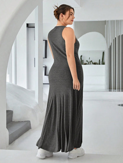 Vestido informal ajustado de cintura alta sin mangas con cuello redondo y talla grande para mujer