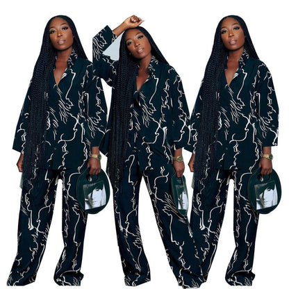 Conjunto de dos piezas de camiseta de manga larga con estampado informal y pantalones anchos para mujer