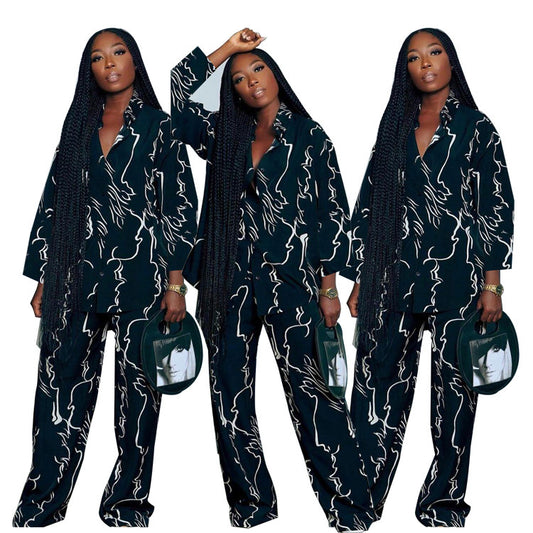 Conjunto de dos piezas de camiseta de manga larga con estampado informal y pantalones anchos para mujer
