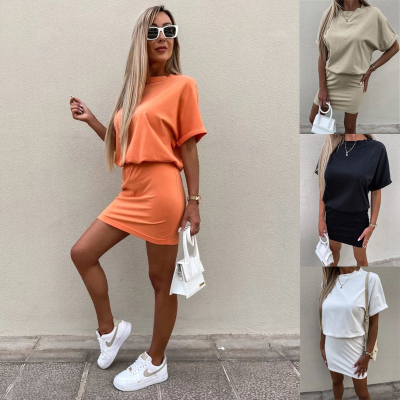 Fashion Summer Women Casual Solid Color Defined Waist Dress