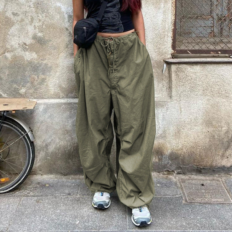 Pantalones cargo holgados de pierna ancha informales de cintura baja de color liso para mujer de moda urbana