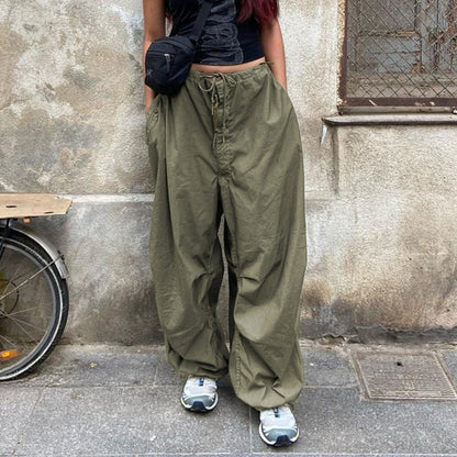Pantalones cargo holgados de pierna ancha informales de cintura baja de color liso para mujer de moda urbana