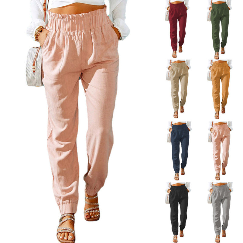 Women Ruffled Elastic Belt Mid Waist Solid Color Casual Jogger Pants
