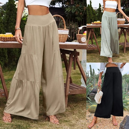 Pantalones anchos de lino y algodón de cintura alta informales de verano para mujer
