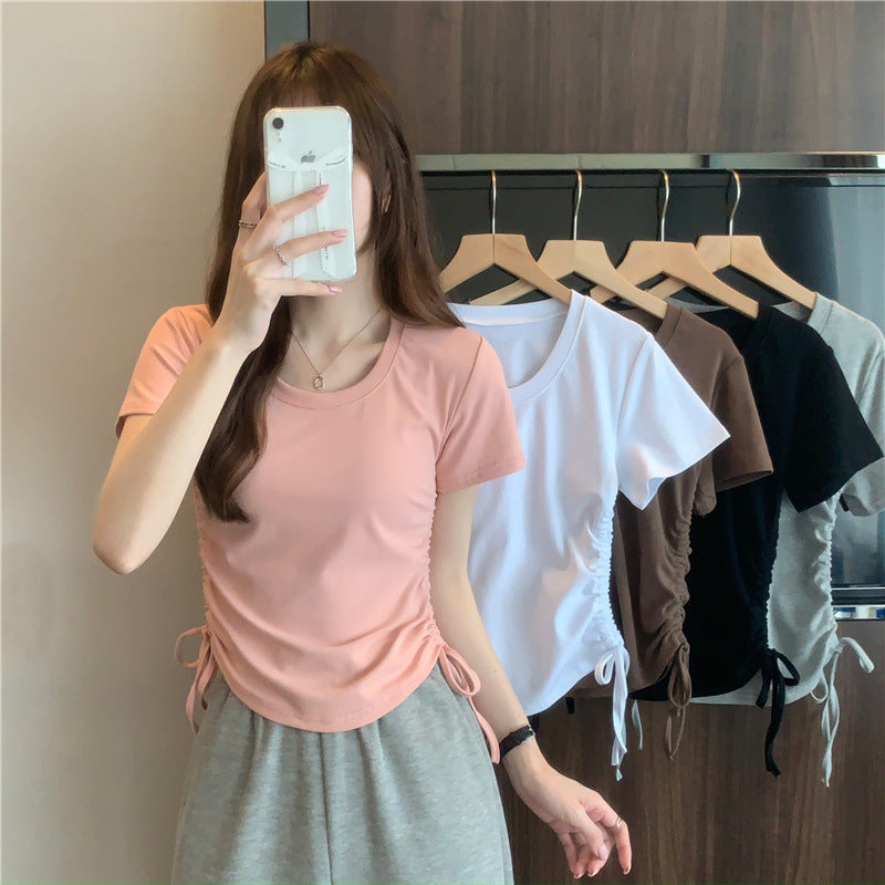 Women Casual Solid Color Drawstring Round Neck Short Sleeve Blank T-Shirt
