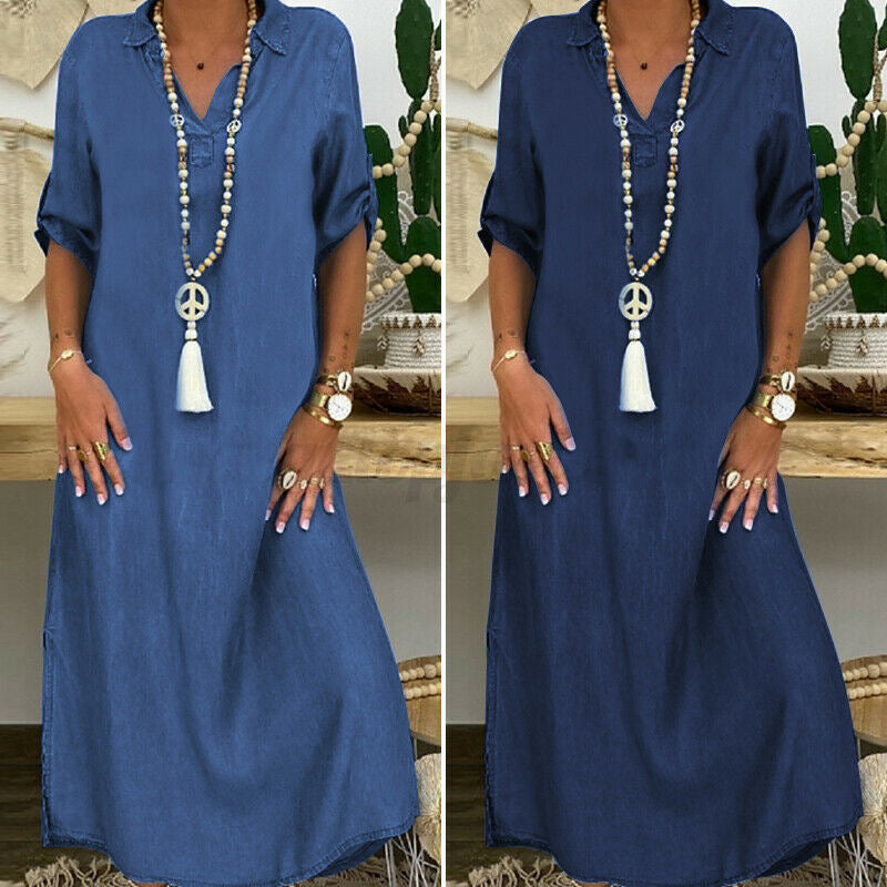 Women Fashion Casual Lapel Denim Loose Long Dress